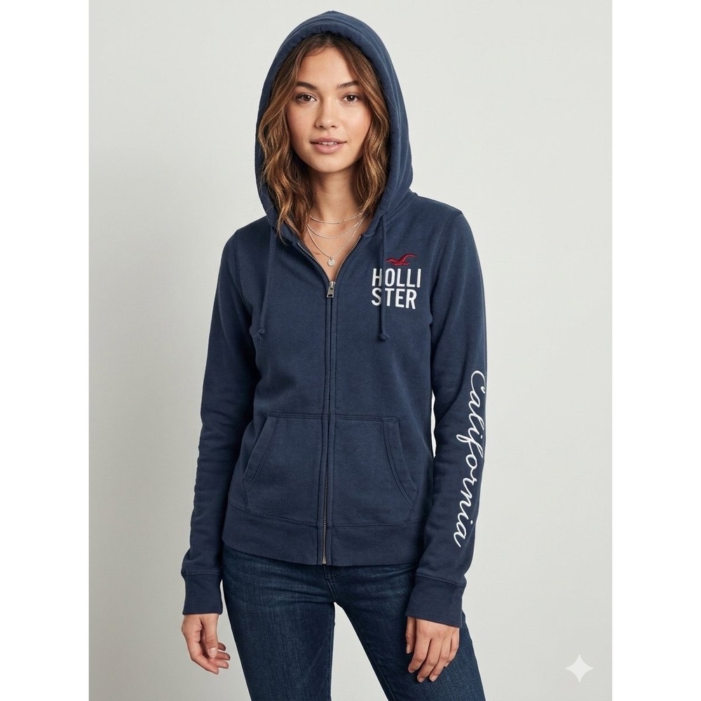Hollister Womens Navy Blue Full Zip Hoodie California Graphic Sweatshirt Small